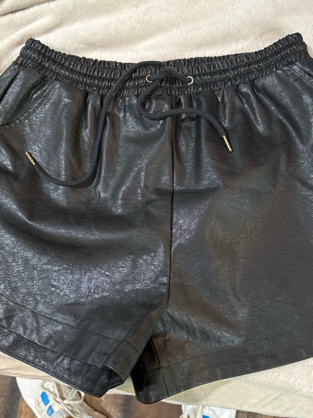 mittoshop Black Faux Leather High-Waist Drawstring Shorts with Gold Tips